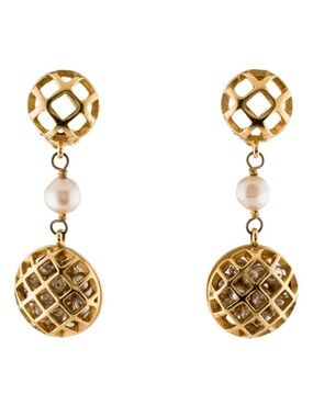 Chanel! Gold Lattice Drop Pearl Earrings -